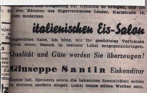 Zeitungsanzeige: italienischer Eis-Salon, Giuseppe Santin Eiskonditor