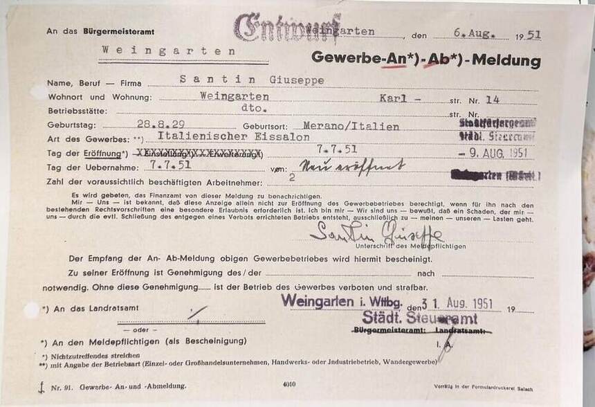 Gewerbeanmeldung von Giuseppe Santin, Italienischer Eissalon